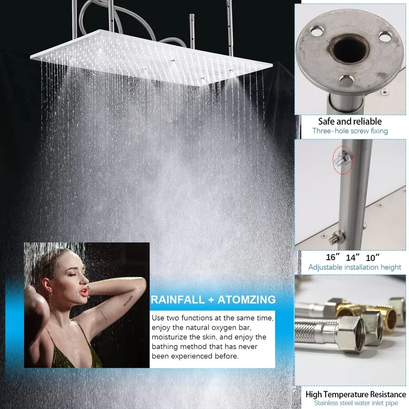 3-Function Thermostatic Rainfall Shower System Soft/Jet Ceramic Brass Wall Mount Shower Faucet Combo Slide Bar Brushed Nickel