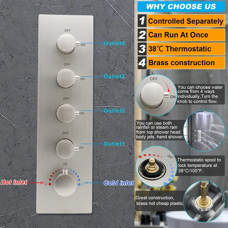 3-Function Thermostatic Rainfall Shower System Soft/Jet Ceramic Brass Wall Mount Shower Faucet Combo Slide Bar Brushed Nickel