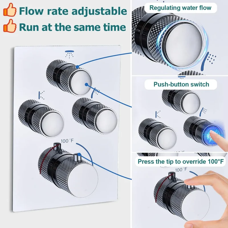 Thermostatic Shower System Full Coverage Rainfall Jet Shower Set Slide Bar Wall Mounted Brushed Nickel Finish for Apartment Use