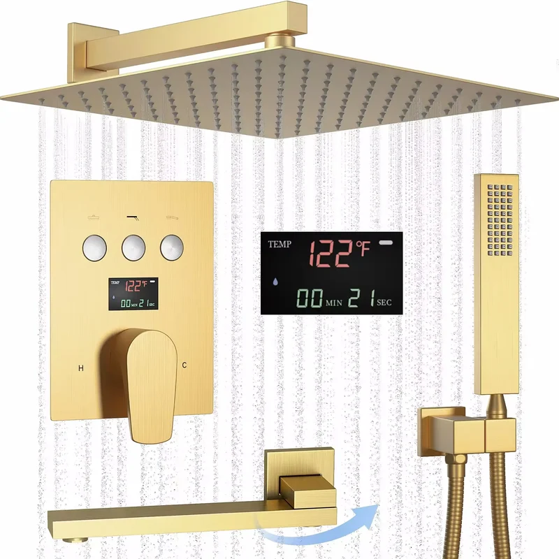 12 Inches Temperature Display Brushed Gold Shower System Rainfall Shower Faucet Set Mixers
