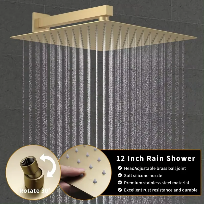 12 Inches Temperature Display Brushed Gold Shower System Rainfall Shower Faucet Set Mixers