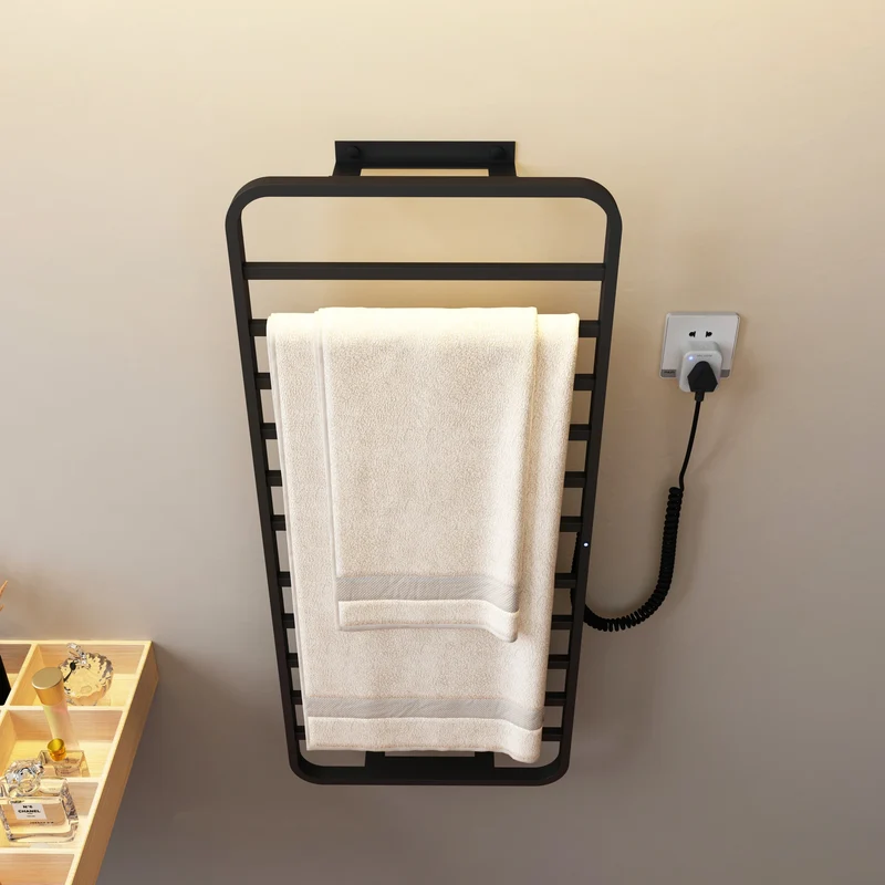 Smart Home 220v Electric Heated Towel Rail Black Bathroom Towel Dryer Warmer Rack Punch Free for Hotels