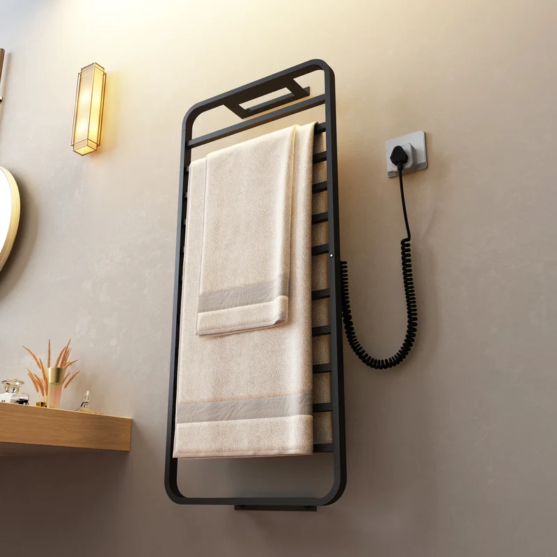 Smart Home 220v Electric Heated Towel Rail Black Bathroom Towel Dryer Warmer Rack Punch Free for Hotels