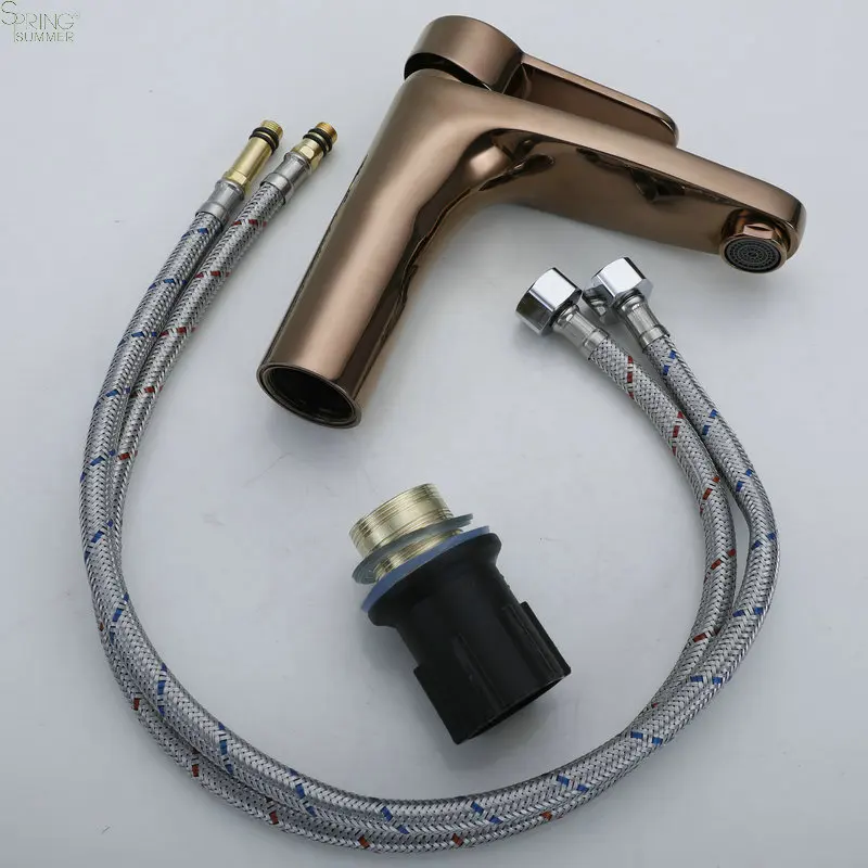 Modern Single Hole Water Sink Mixer Tap Black Brass Single Handle Faucet with 08 Rose Gold Finish for Bathroom Wash Basin