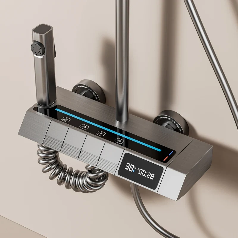 New Aluminum Intelligent Thermostatic Shower Set LED Digital Display Piano Keys Black Rainfall Bath Shower Faucet System Set