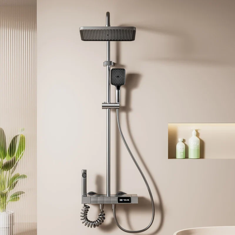 New Aluminum Intelligent Thermostatic Shower Set LED Digital Display Piano Keys Black Rainfall Bath Shower Faucet System Set