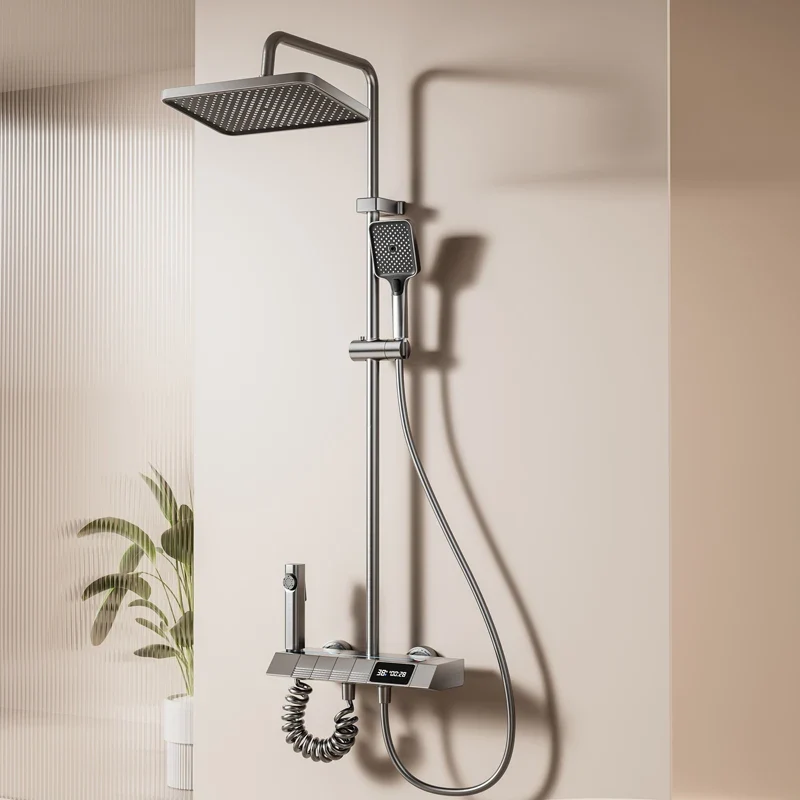 New Aluminum Intelligent Thermostatic Shower Set LED Digital Display Piano Keys Black Rainfall Bath Shower Faucet System Set