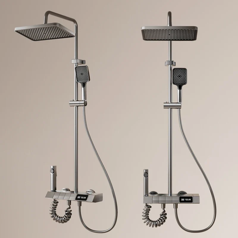 New Aluminum Intelligent Thermostatic Shower Set LED Digital Display Piano Keys Black Rainfall Bath Shower Faucet System Set
