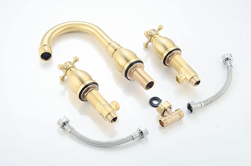 Brushed Gold Basin Water Tap Bathroom Deck Mounted 3 Holes Cross Handle Basin Faucet