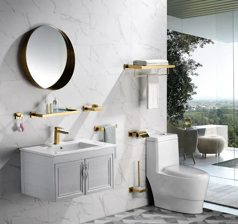 Brushed Gold Basin Water Tap Bathroom Deck Mounted 3 Holes Cross Handle Basin Faucet