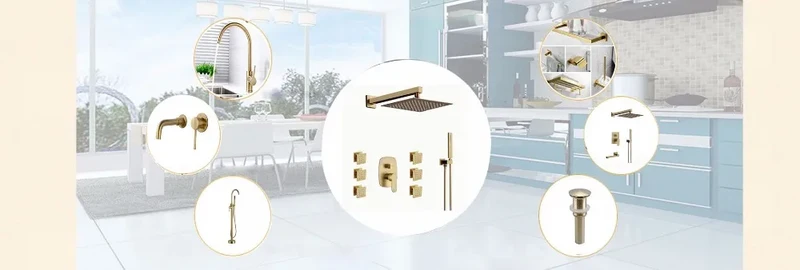 Brushed Gold Basin Water Tap Bathroom Deck Mounted 3 Holes Cross Handle Basin Faucet