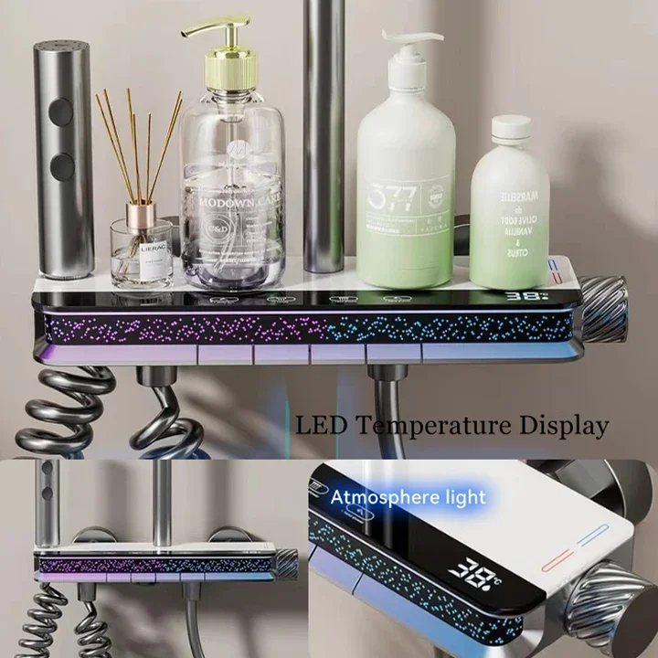 Contemporary Stylish Design Brass Smart Thermostat Grey SPA Soft Jet Rain Bath Shower Faucet Set with Brushed Surface for Villas