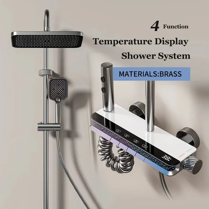 Contemporary Stylish Design Brass Smart Thermostat Grey SPA Soft Jet Rain Bath Shower Faucet Set with Brushed Surface for Villas