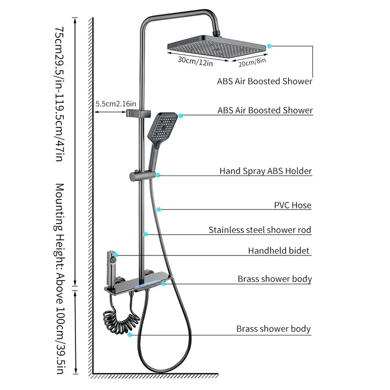 With Brass Piano Keys 4 Mode Faucet and Shower Rod Extension for Hotel, Home Bathrooms.stainless Faucet 12 Inch Shower Head