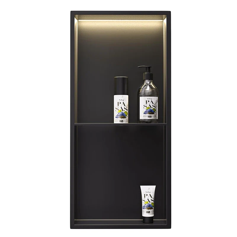 Matte Black Double Selves Stainless Steel Shower Niche No Tile Needed Bathroom Niche Recessed Wall Niche with led