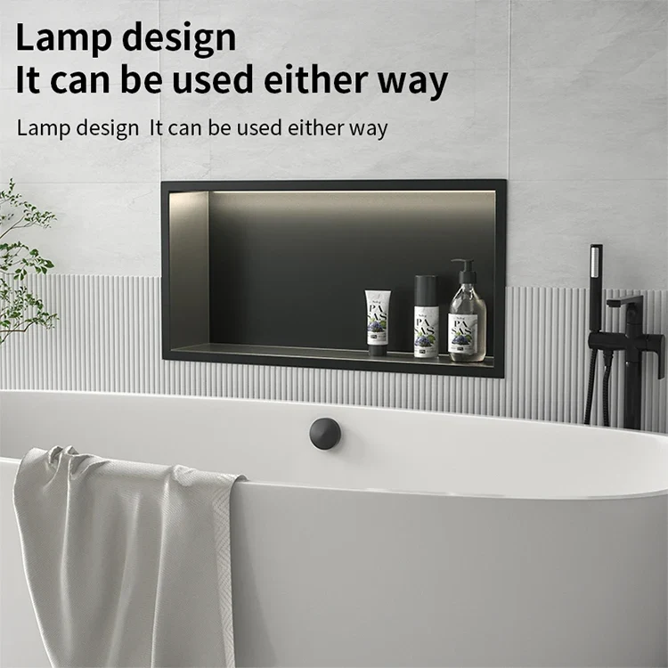 Matte Black Double Selves Stainless Steel Shower Niche No Tile Needed Bathroom Niche Recessed Wall Niche with led