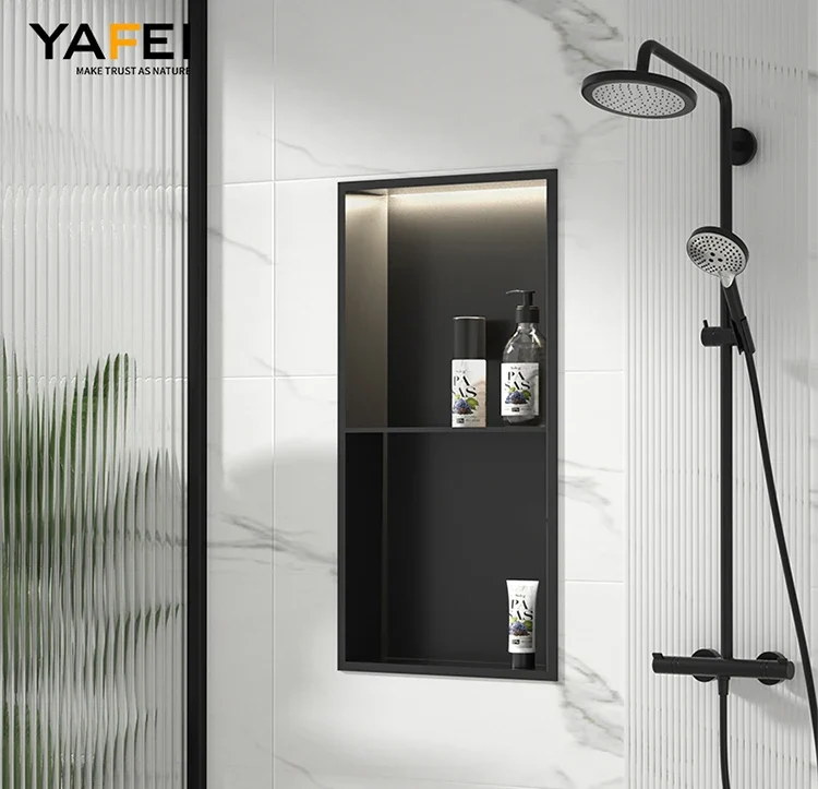 Matte Black Double Selves Stainless Steel Shower Niche No Tile Needed Bathroom Niche Recessed Wall Niche with led