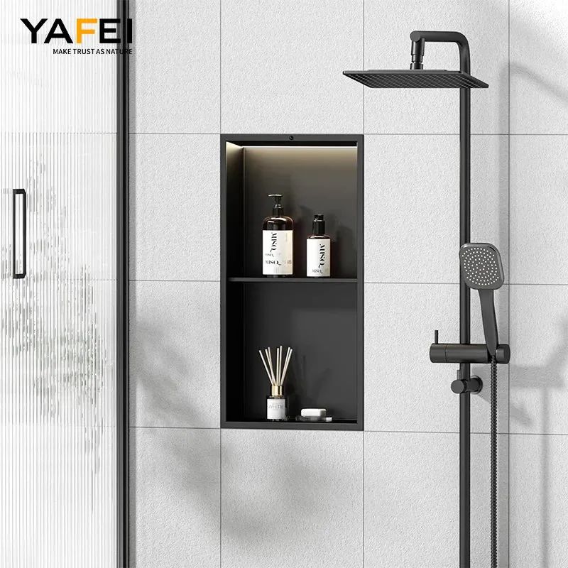Matte Black Double Selves Stainless Steel Shower Niche No Tile Needed Bathroom Niche Recessed Wall Niche with led