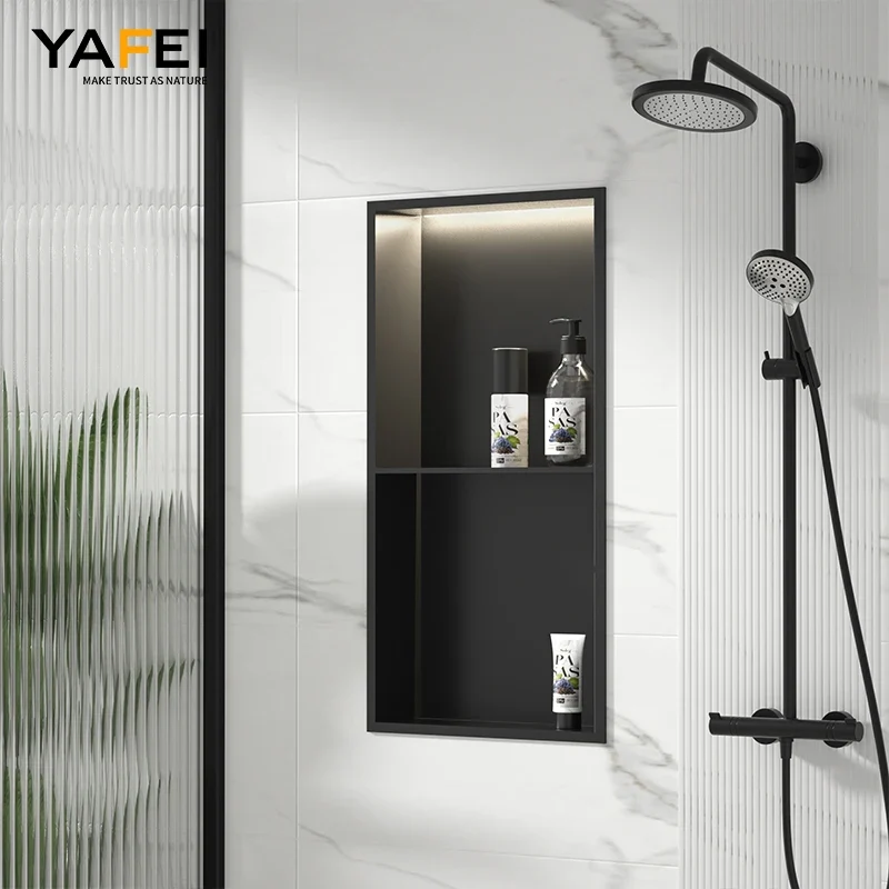 Matte Black Double Selves Stainless Steel Shower Niche No Tile Needed Bathroom Niche Recessed Wall Niche with led