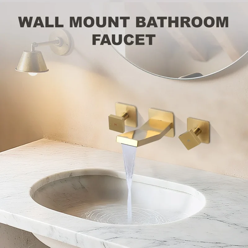 Brushed Gold Vessel Sink Faucet 2 Handles Basin Mixer Tap Rough in Valve Included, 3 Holes Bathroom Faucet Wall Mount