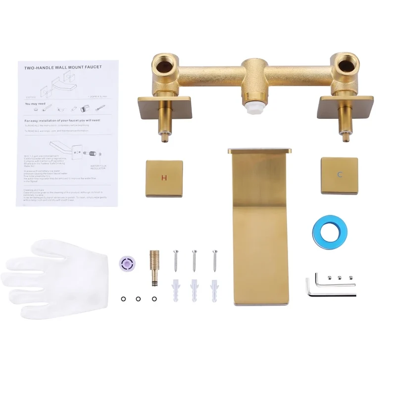 Brushed Gold Vessel Sink Faucet 2 Handles Basin Mixer Tap Rough in Valve Included, 3 Holes Bathroom Faucet Wall Mount