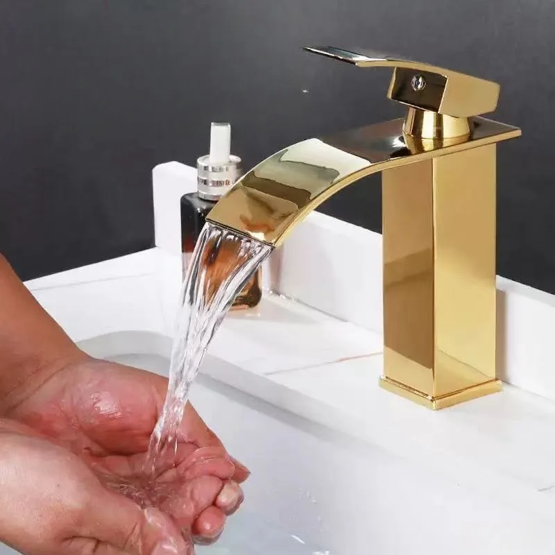 Luxury Modern Stainless Steel Deck Mount Waterfall Bathroom Faucet Europe Design Chrome Gold Basin Mixer Faucet
