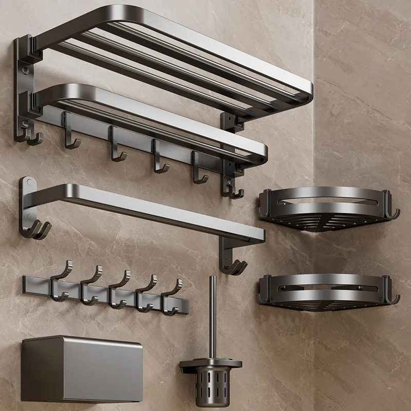 Modern Gun Grey Aluminum Bath Towel Rack Integrated Hanger Toilet Six-Piece Bathroom Accessories Set