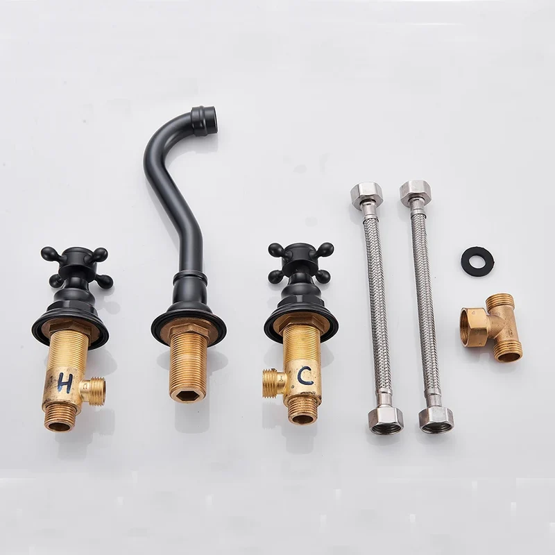 Double Handle Three Holes Bathroom Faucet Black Bronze Home Improvement Accessories Brass Bathroom Faucet 360 Rotation Crane