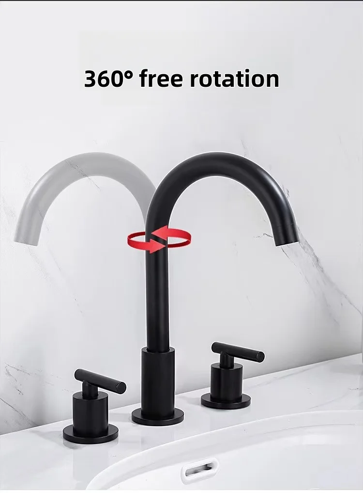 Modern 3 Holes Dual Handles Brass Single Lever Washbasin Mixer Faucet Widespread Matte Black Ceramic Cartridge Bathroom Sink Tap
