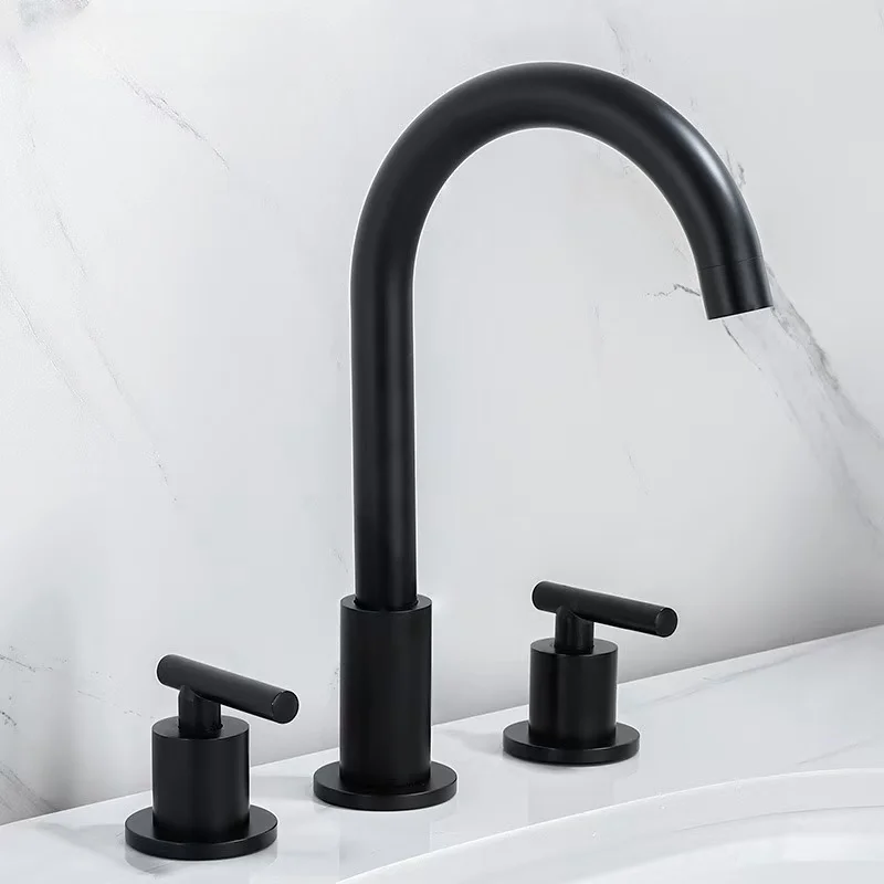 Modern 3 Holes Dual Handles Brass Single Lever Washbasin Mixer Faucet Widespread Matte Black Ceramic Cartridge Bathroom Sink Tap