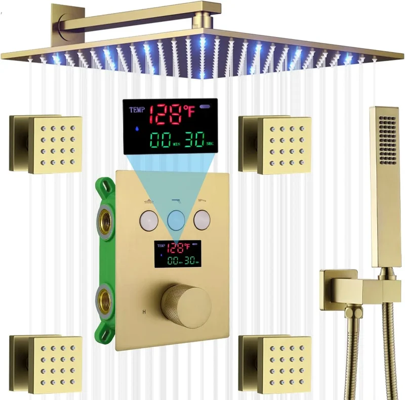 Brushed Gold Shower Body Sprays System 12 Inch LED Wall Mounted Rain Shower Head System Digital Display Thermostatic Shower Set