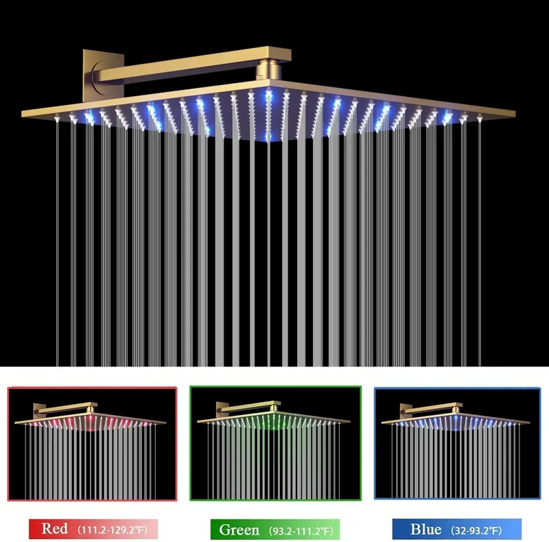 Brushed Gold Shower Body Sprays System 12 Inch LED Wall Mounted Rain Shower Head System Digital Display Thermostatic Shower Set