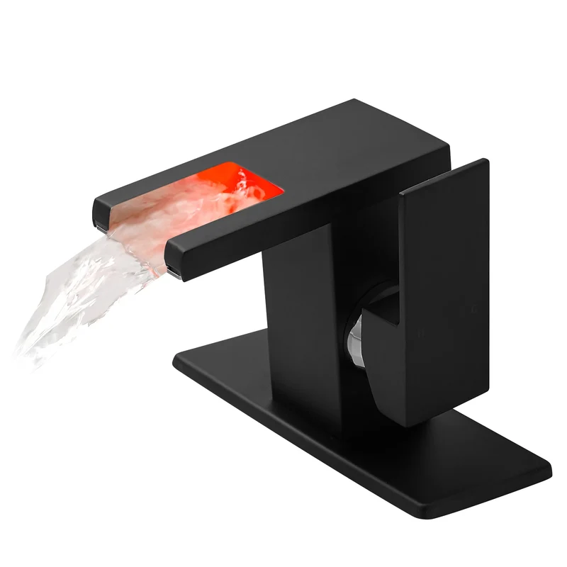 LED Modern 1-Hole Black 304 Stainless Steel Waterfall Bathroom Faucet Anti-Rust Lead Free Basin Faucet with Deck Plate