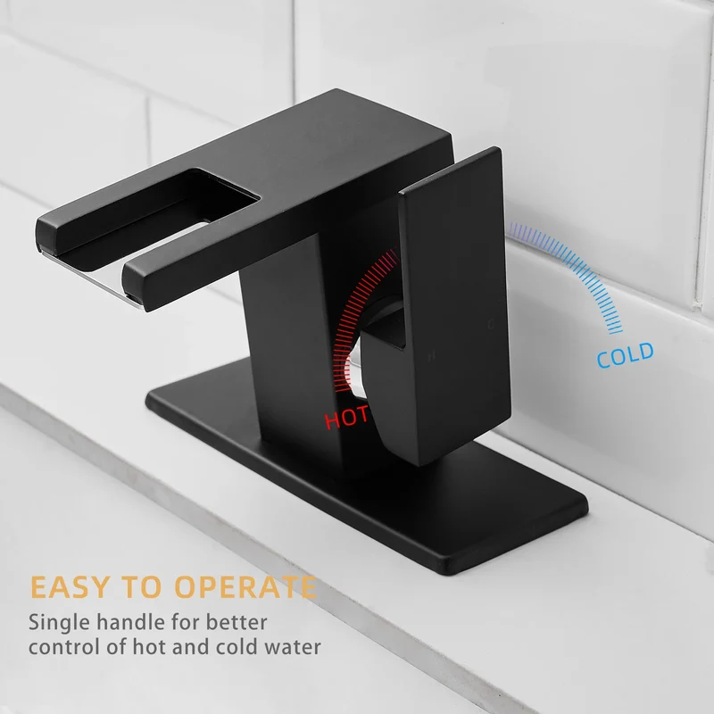LED Modern 1-Hole Black 304 Stainless Steel Waterfall Bathroom Faucet Anti-Rust Lead Free Basin Faucet with Deck Plate
