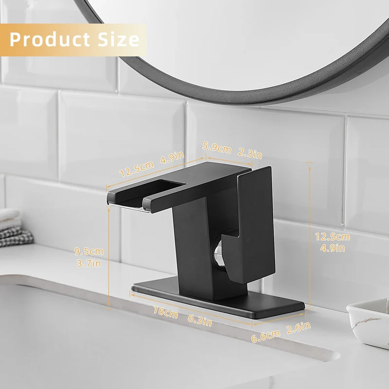 LED Modern 1-Hole Black 304 Stainless Steel Waterfall Bathroom Faucet Anti-Rust Lead Free Basin Faucet with Deck Plate