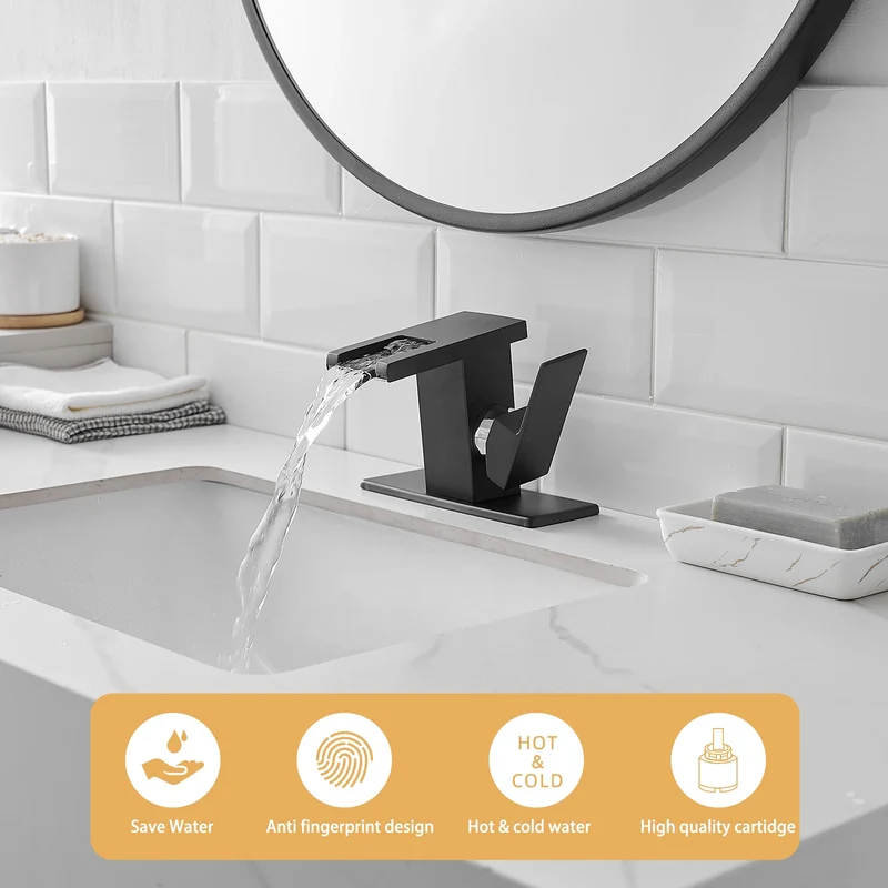 LED Modern 1-Hole Black 304 Stainless Steel Waterfall Bathroom Faucet Anti-Rust Lead Free Basin Faucet with Deck Plate