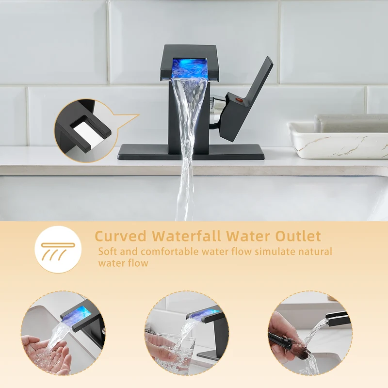 LED Modern 1-Hole Black 304 Stainless Steel Waterfall Bathroom Faucet Anti-Rust Lead Free Basin Faucet with Deck Plate