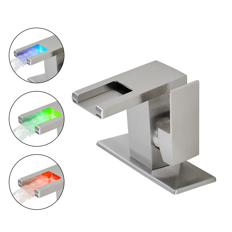 LED Modern 1-Hole Black 304 Stainless Steel Waterfall Bathroom Faucet Anti-Rust Lead Free Basin Faucet with Deck Plate