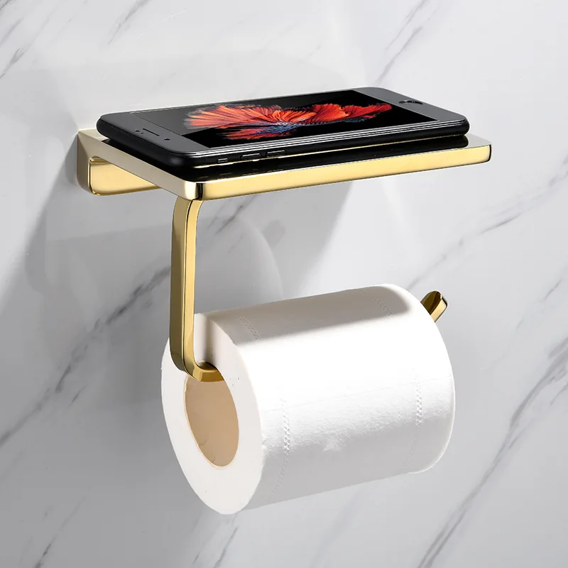 Stainless Steel Gold Bathroom & Kitchen Paper Holder with Shelf Gold Toilet Tissue Storage Rack