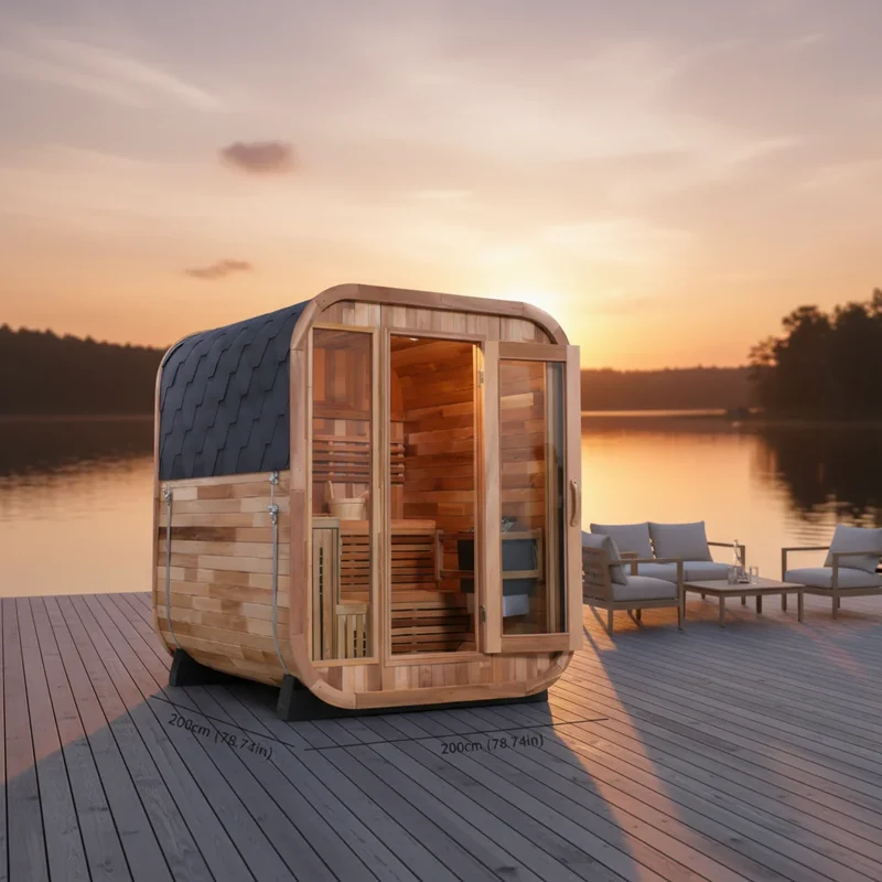 In Stock Canadian Spliced Red Cedar Traditional Large Cube Outdoor Sauna With 8mm Tempered Glass Garden Multi Person Health Spa