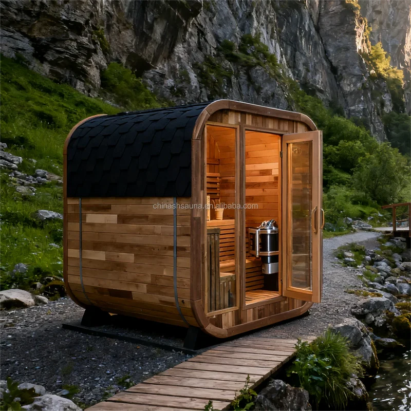 In Stock Canadian Spliced Red Cedar Traditional Large Cube Outdoor Sauna With 8mm Tempered Glass Garden Multi Person Health Spa