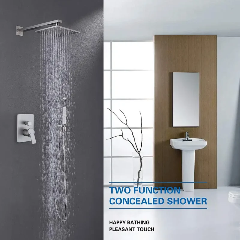 Homein Matte Black Double Handle 2-Function Brass Concealed Shower Set, Pressure Balance Valve Rainfall Shower System