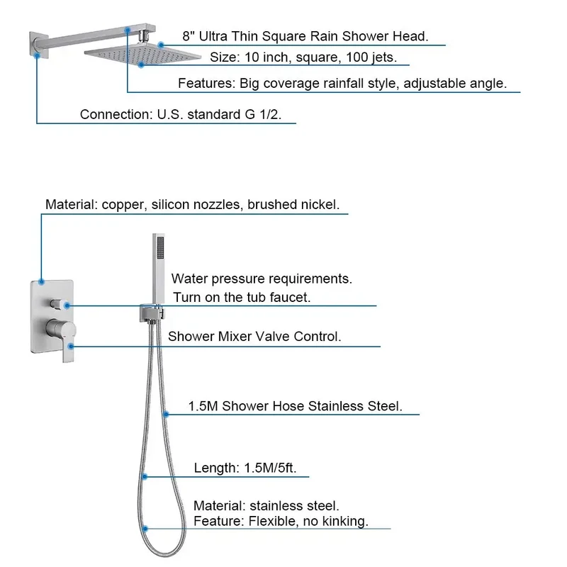 Homein Matte Black Double Handle 2-Function Brass Concealed Shower Set, Pressure Balance Valve Rainfall Shower System