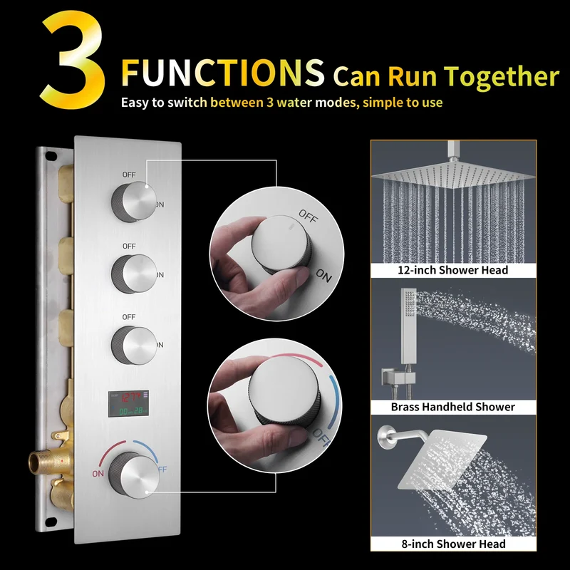 3 Functions Digital Display Thermostatic Shower System Brushed Nickel Brass Shower Set Rainfall Shower Faucet Set with Body Jets