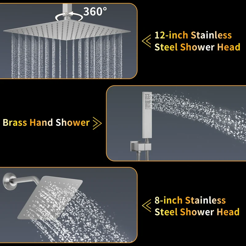 3 Functions Digital Display Thermostatic Shower System Brushed Nickel Brass Shower Set Rainfall Shower Faucet Set with Body Jets