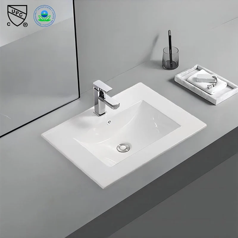 610mm Modern Integrated Thin Edge Wash Basin White Ceramic Rectangular Cabinet Vanity Hotel Bathroom Sink