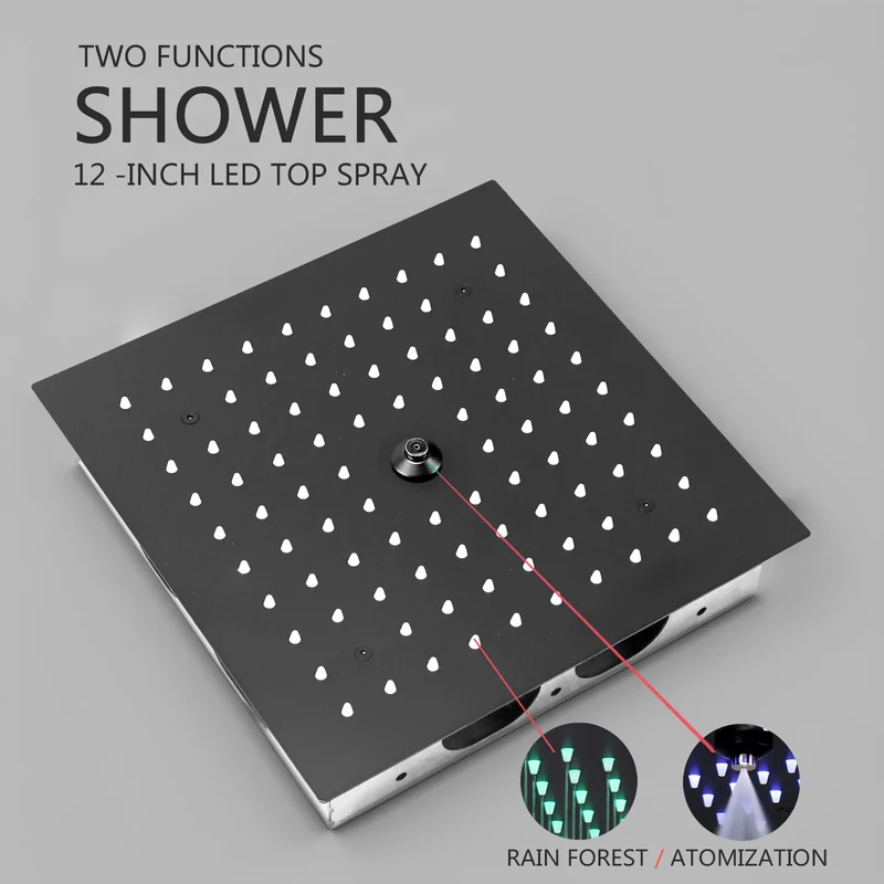 Ceiling Cold and Hot LED Shower System Matte Black12 Inch Mist and Rain Shower Head Ceiling Embedded Shower Faucet Set