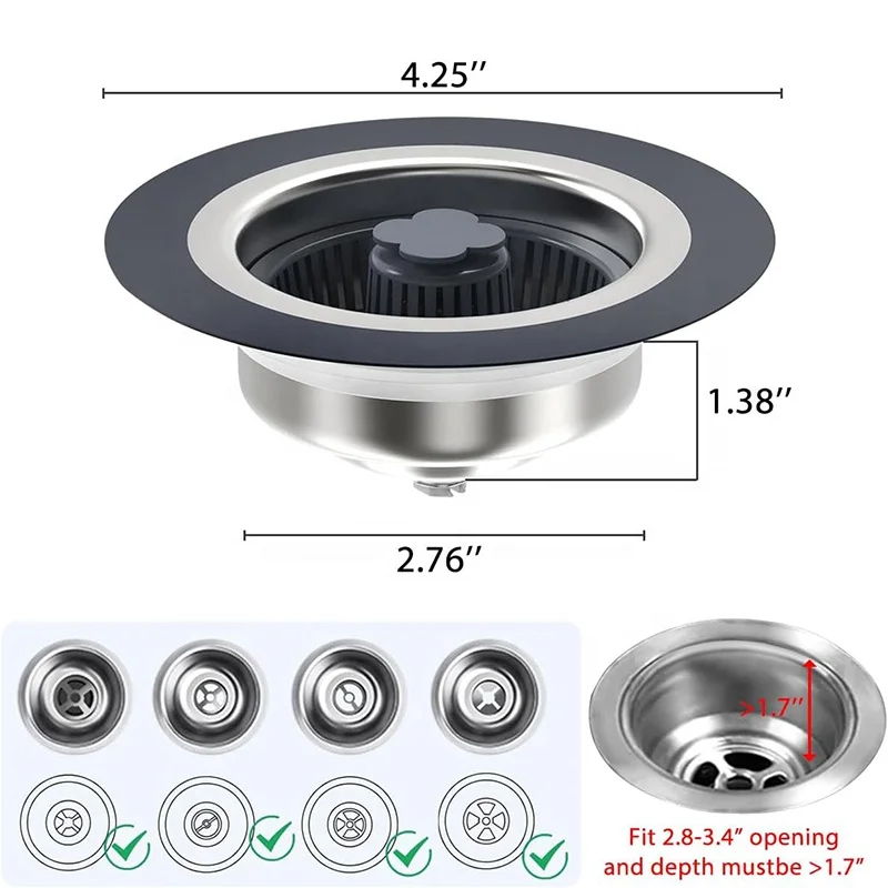 Upgraded 3 in 1 Kitchen Sink Drain Strainer & Stopper Kit, 304 Stainless Steel Pop-up Kitchen Drain with Strainer Basket