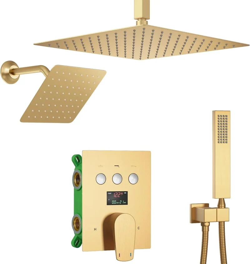 HONGDEC 3 Function Rainfall Shower System Brushed Gold Bathroom Shower System Bathroom Shower Set