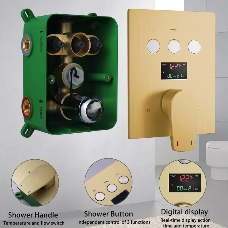 HONGDEC 3 Function Rainfall Shower System Brushed Gold Bathroom Shower System Bathroom Shower Set